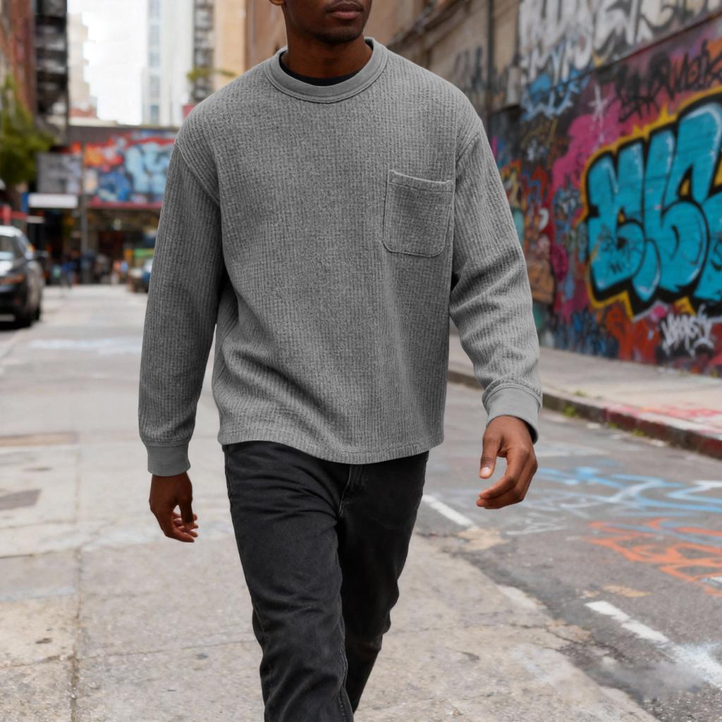 MensLong Sleeve Shirt Crewneck Pullover Sweatshirts Big And  T-Shirts Casual Relaxed Pullover  Pocket