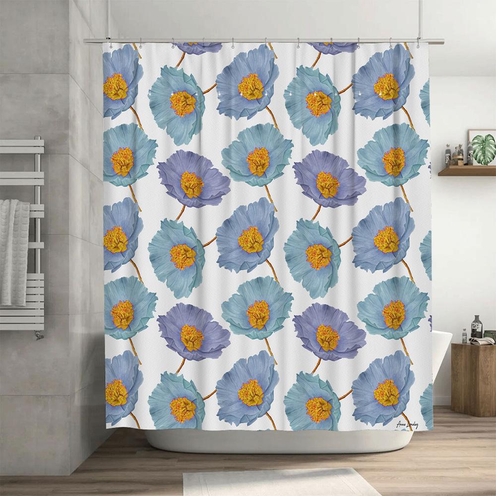 Bathroom Decor Shower Curtain With Blue Floral Print Modern Bath Accessories For Home Decoration White Waterproof Fabric