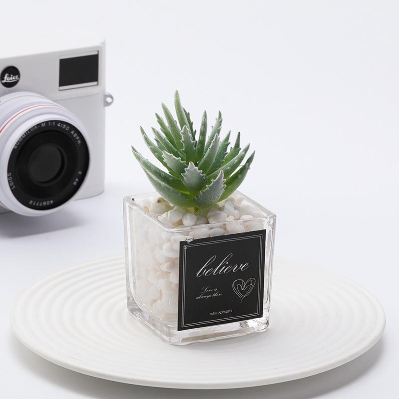 1 PC Simulation Mini Glass Flocked Succulent Potted Planter, Home Living Room Desk Office Ornament, Holiday Gift
