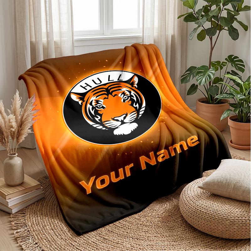 Coperta di Flanella con Testo Nome Personalizzato Hull City Logo Calcio Plaid in Pile Personalizzato Regalo Speciale per Divano Camera da Letto Casa