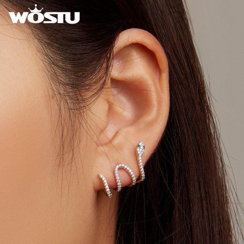 WOSTU 925 Sterling Silver Women Snake Stud Earrings Multi-layer Earring Green Crystal Zircon Studs Unique Design Wedding Jewelry
