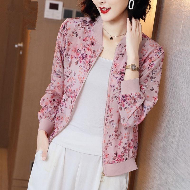 Summer Women Chiffon Jacket Thin Breathable Baseball Uniforms Long Sleeve Printed Jacket Loose Short Plus Size Sunscreen