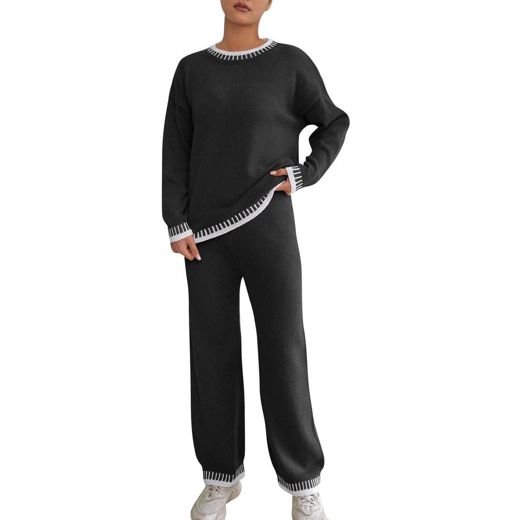 Damenanzug Winter-Homewear Lässig Zweiteilig Farbblock-Spleißpullover + Gerade Weitbeinige Hose