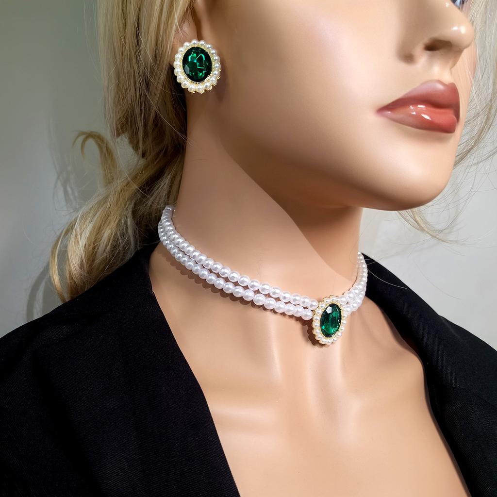 3 pieces of women's trendy double row pearl emerald earrings necklace jewelry set wedding banquet party holiday gifts