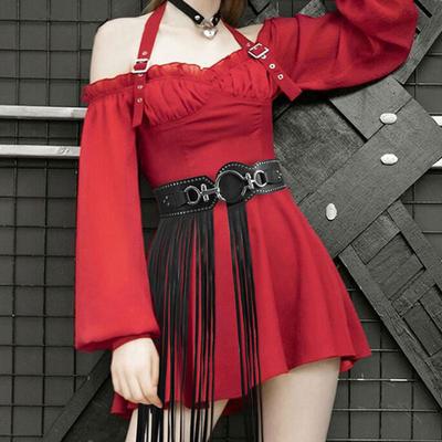 Women Imitation Leather Belt with Tassel Design Solid Color Adjustable Waist Belt Retro Style Clothing Accessory