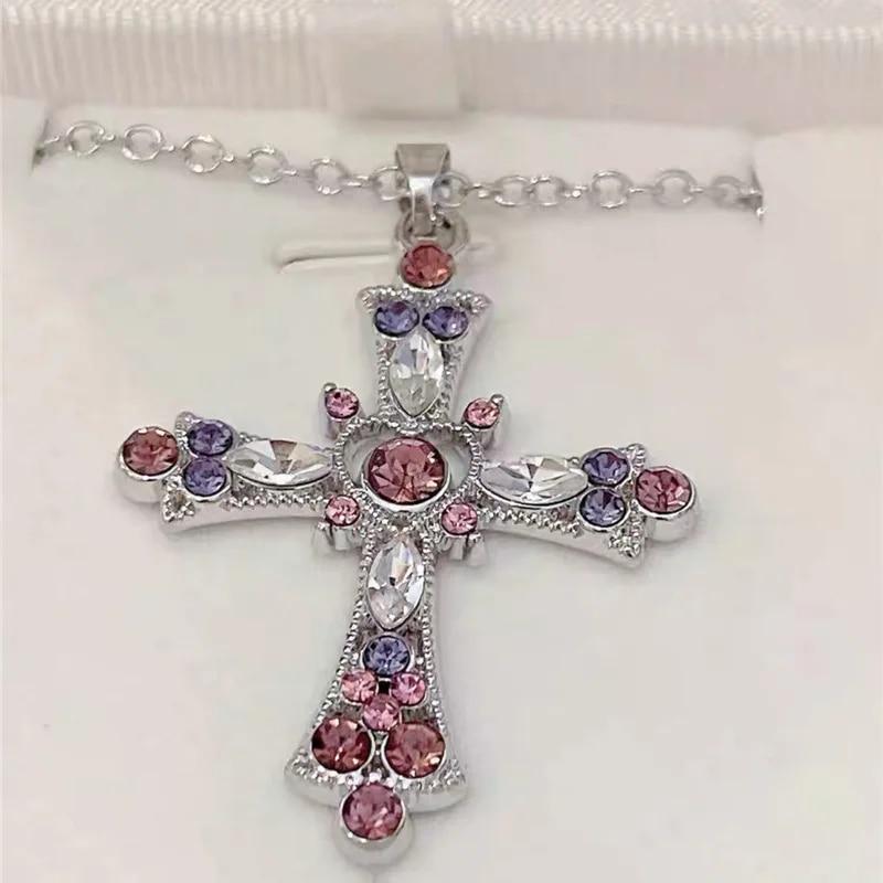 Y2K Zircon Cross Halskjede Rosa Lilla Love Heart Cross Pendant Halskjeder for kvinner Gotiske smykker Party Girls Accessories 2023