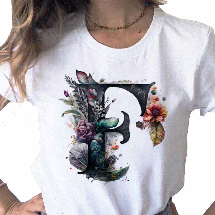 New Women T Shirt Custom Name Letter Combination Print Tshirt Flower Letter Font A B C D E F G Short Sleeve Female Tees Tops