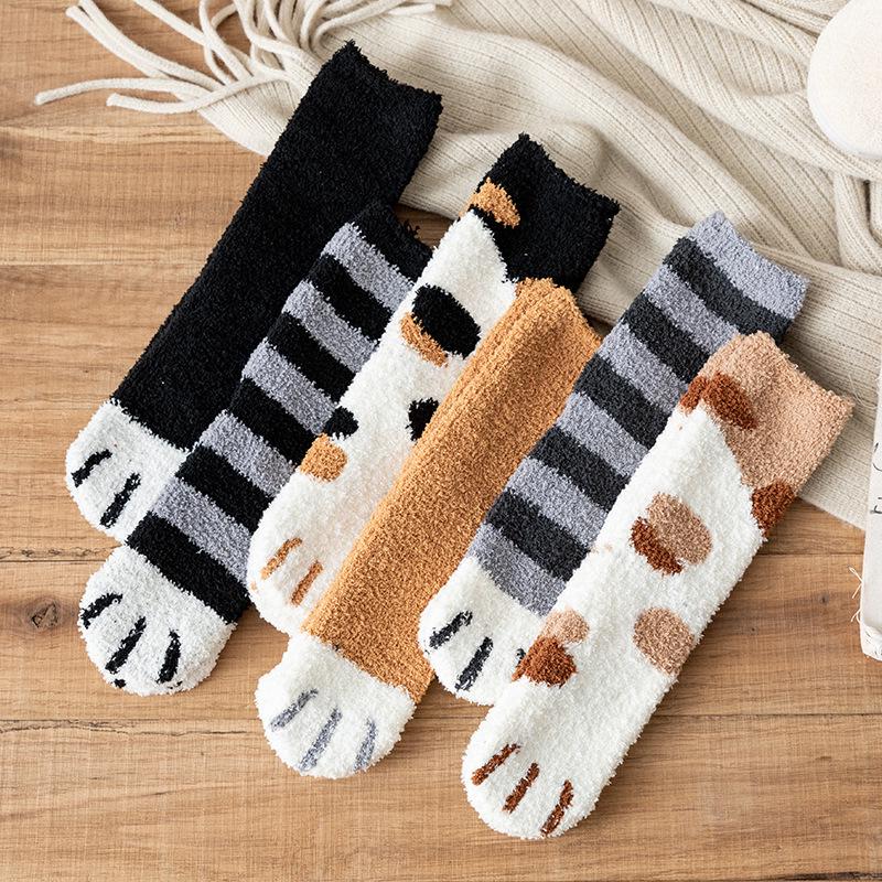 Cozy Mid-Calf Plush Maternity Socks - Cute Kitten Paw Design