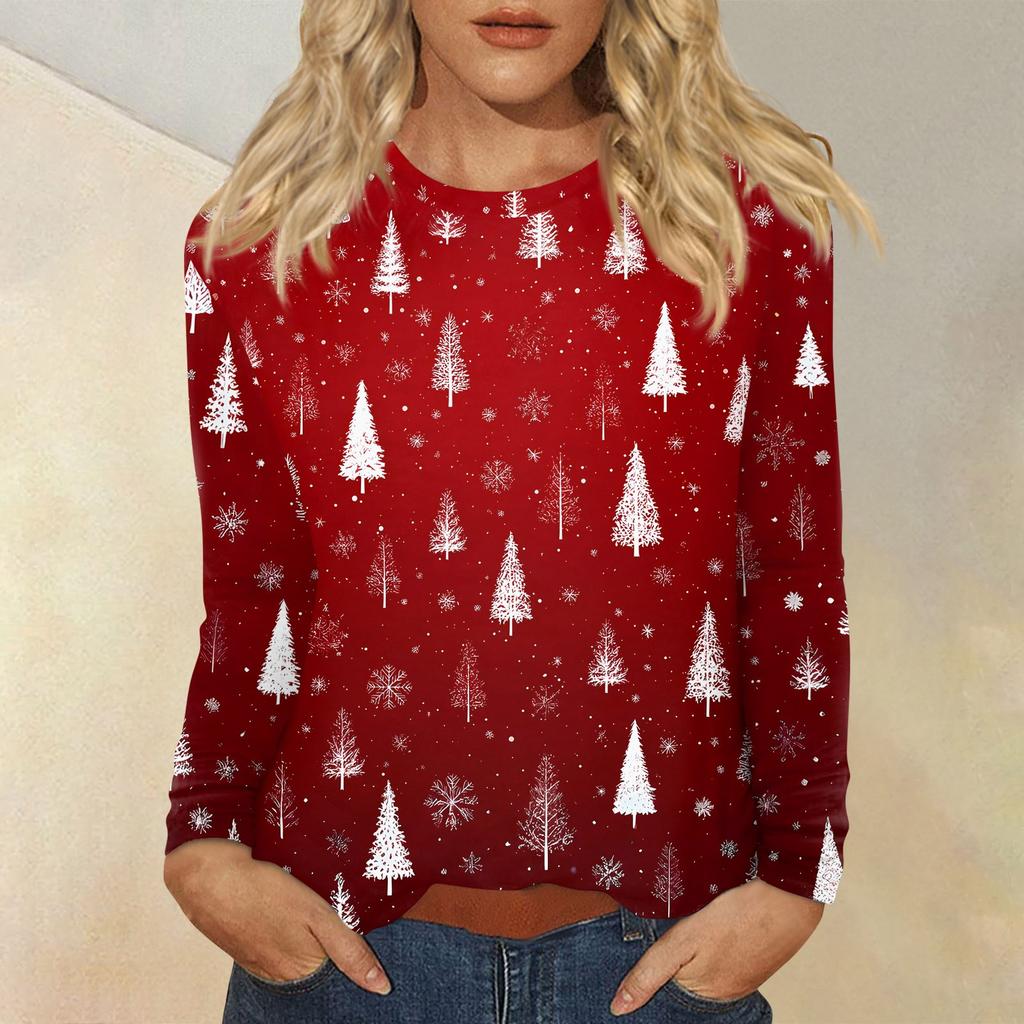Women's Fashion Casual Christmas Printed Round Neck Long Sleeve Pullover Top