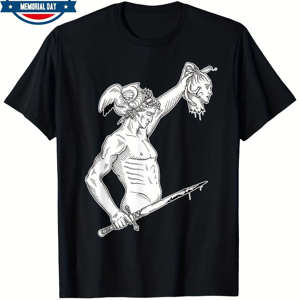 LocalPerseus Medusa Greek Mythology Blackwork Minimal T Shirt Men's T-shirts for