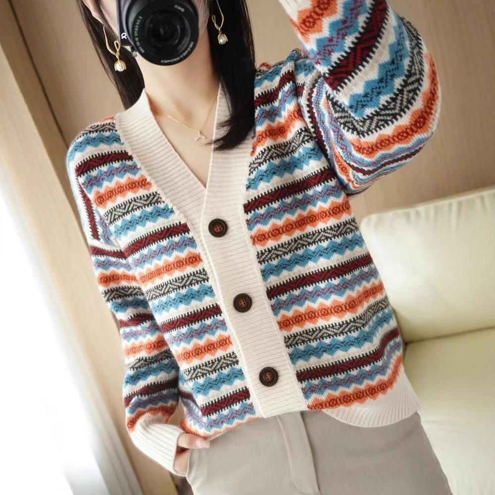 Autumn and winter foreign style striped retro jacquard long-sleeved knitted cardigan fashionable V-neck contrasting color with loose sweater jacket