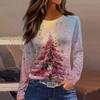 Women's Fashion Hem Slit Casual Christmas Printed Round Neck Long Sleeve Top