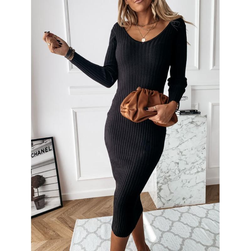 JKASHDK Women's Fashion Spring Fall Solid Color Print Long Sleeve V-Neck High Waist Casual Dresses