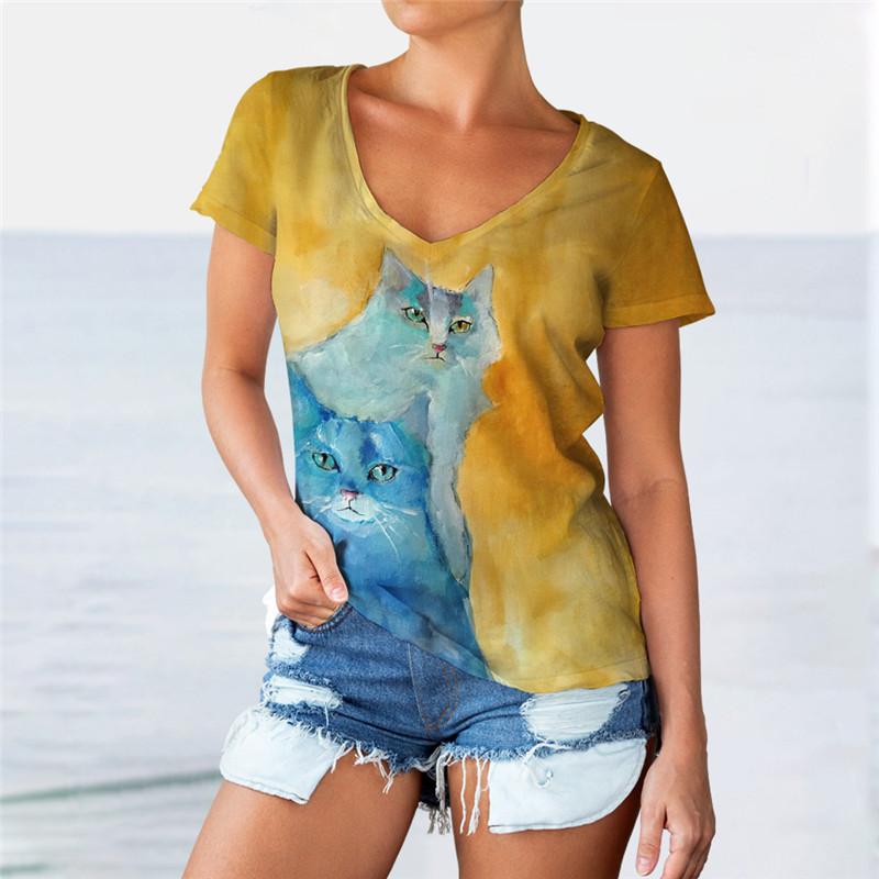 Handbemalte Cartoon Katze Damen Niedliche T-Shirts Kurzarm 3D Gedruckt Street Style Damen Tees Locker Lässig V-Ausschnitt Tops Übergroß