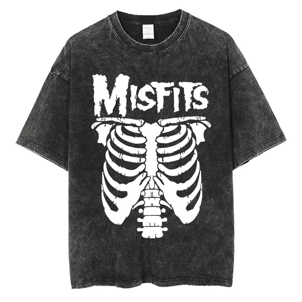 2026 Washed Vintage Hardcore Punk Band Misfits Tshirt Horror Skeleton Graphic T-shirt Men Women's Fashion Casual Oversized T Shirts
