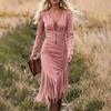 Women's Retro Western Hem Dress - V Neck Long Sleeve Slim Fit Color for Party