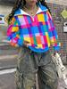 Women's casual colorful plaid printed half-zip off-shoulder printed autumn and winter sports comfortable sweatshirt