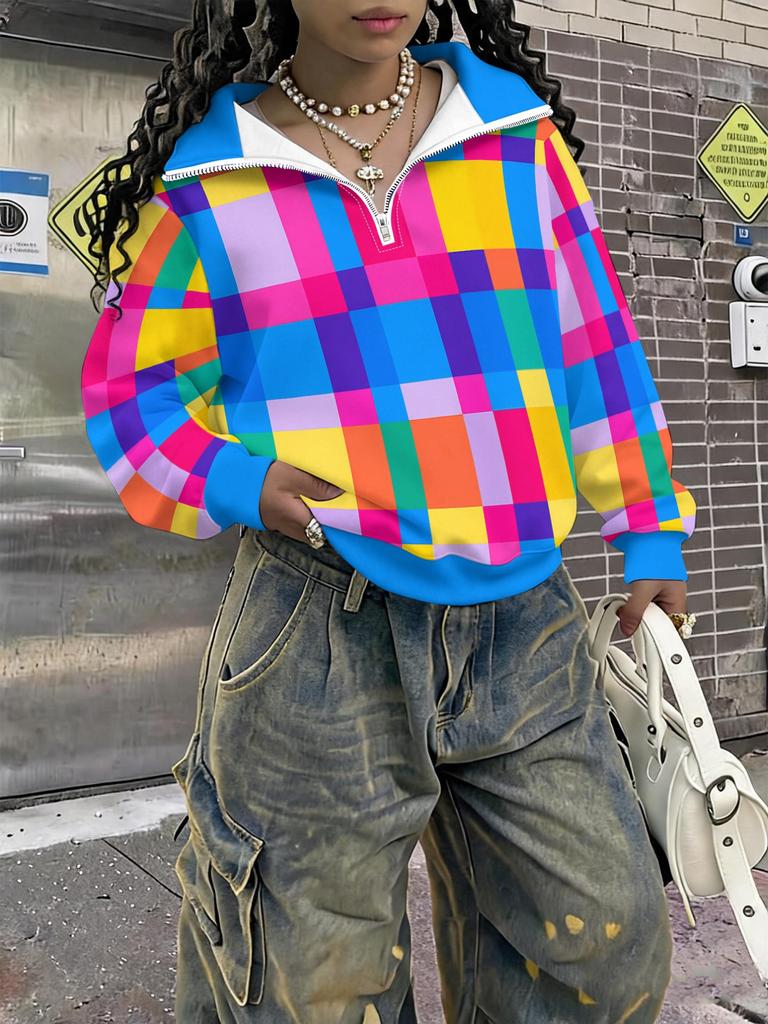 Women's casual colorful plaid printed half-zip off-shoulder printed autumn and winter sports comfortable sweatshirt