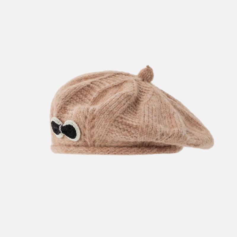 Вязаная беретка с бантом женская сезонная милая универсальная розовая белая модная шапка художника теплая шерстяная шапка One size