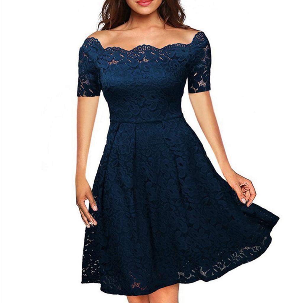 Women's  Casual Fasion Solid Color Strapless Hollow Out Short-sleeve Waist A-line Big Swing Lace With  Dress