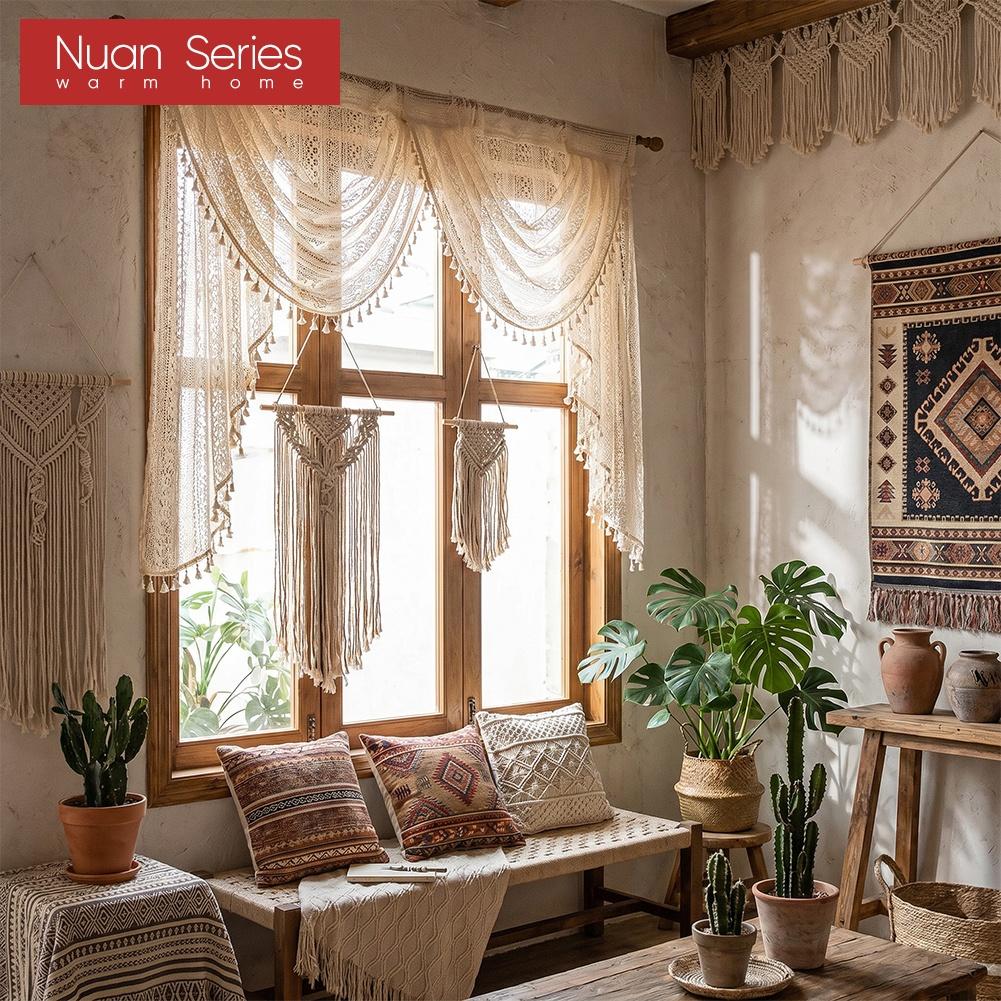 1 PC Nuan Series Lace Tassel Swag Valance,Boho Farmhouse Sheer Curtain Head for Kitchen Bedroom Living Room Window Decoration