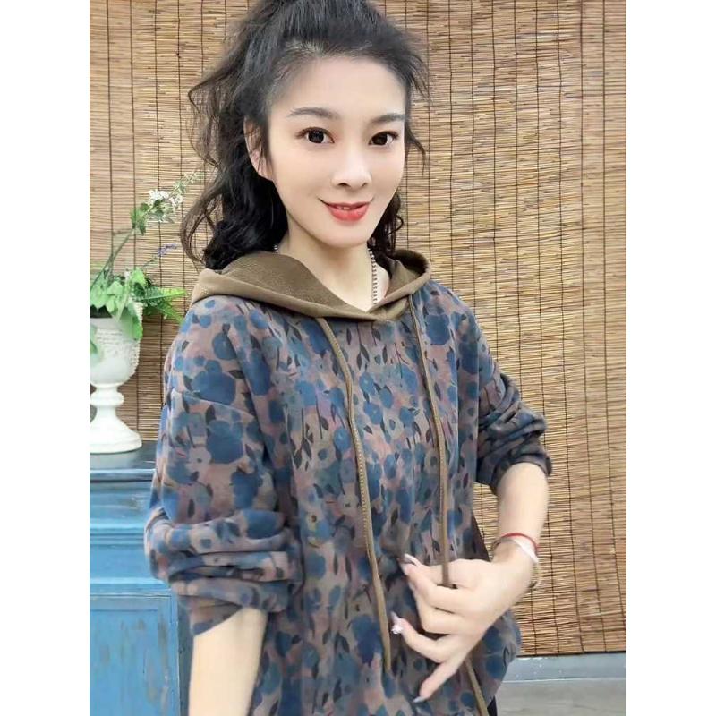 Women's Spring Autumn New Style Retro Fashion Casual Printed Hooded Sweatshirt Loose Slim Fit Stylish Base Layer Top