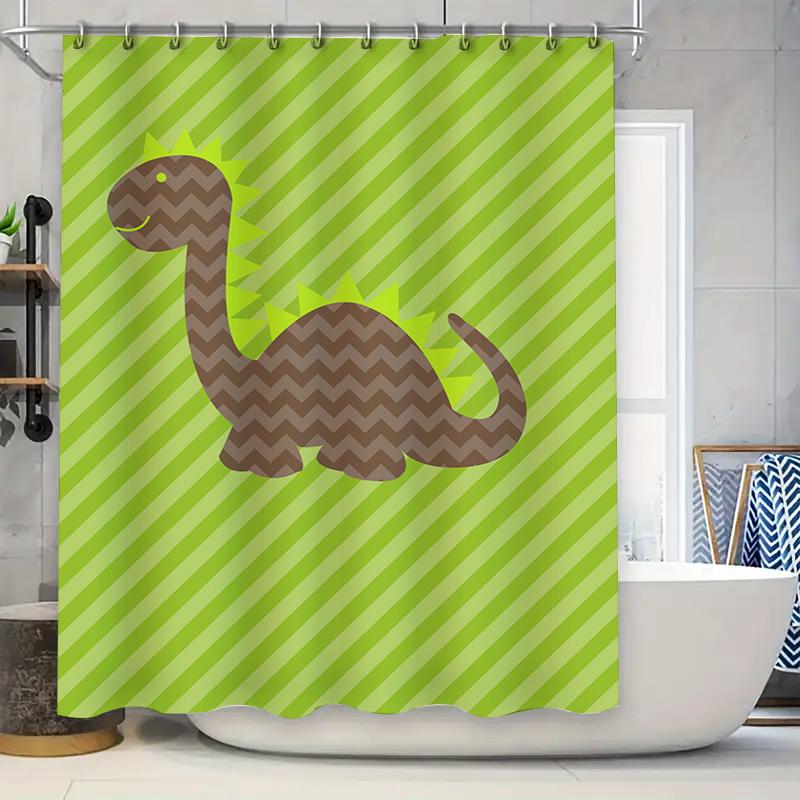 

Kids Dinosaur Shower Curtain Green Brown Striped Pattern Waterproof Fabric Perfect For Bathroom Decor W60H190(CM)-1 Pcs