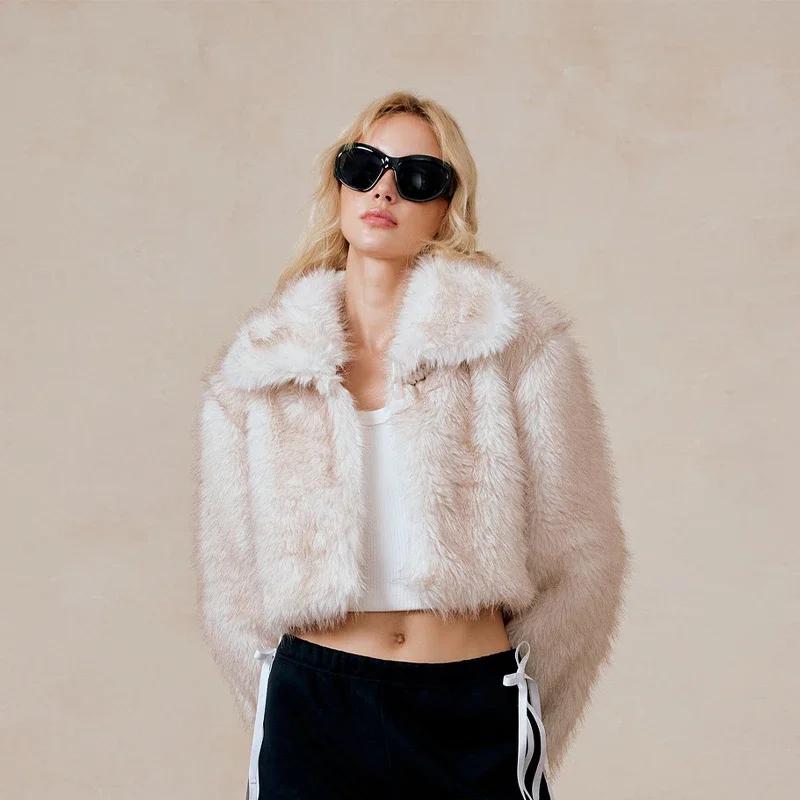 Luxury Fluffy Faux Fur Coat Women Cropped Turn Down Collar Jacket Fashion Thick War Outerwear 2024 Lady New Streetwear Overcoats
