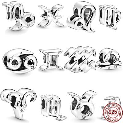 925 Sterling Silver Beads Sparkling 12 Zodiac Constellations Charms Fit Original Fasion Bracelet Necklace DIY Women Jewelry