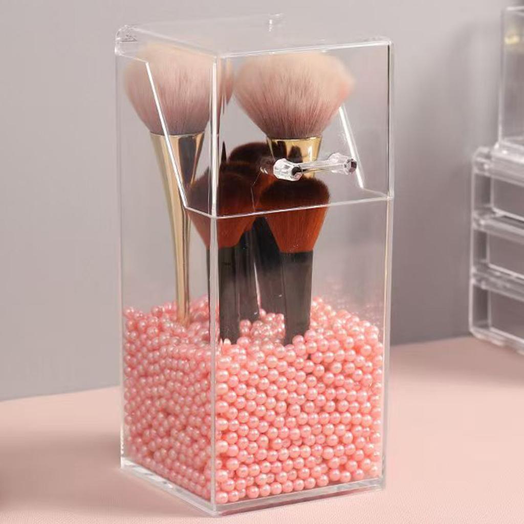 Cosmetic Brush Storage Box Transparent Acrylic Organizer Box With Pearl Decorations For Makeup Household Bathroom Storing Box