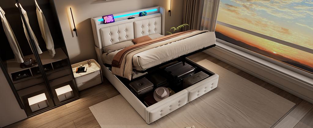 Upholstered Bed 140x200, Double Bed with LED Headboard and USB C Charging, Hydraulic Wooden Slatted Base, 300 kg, Beige, Cotton (Without Mattress)