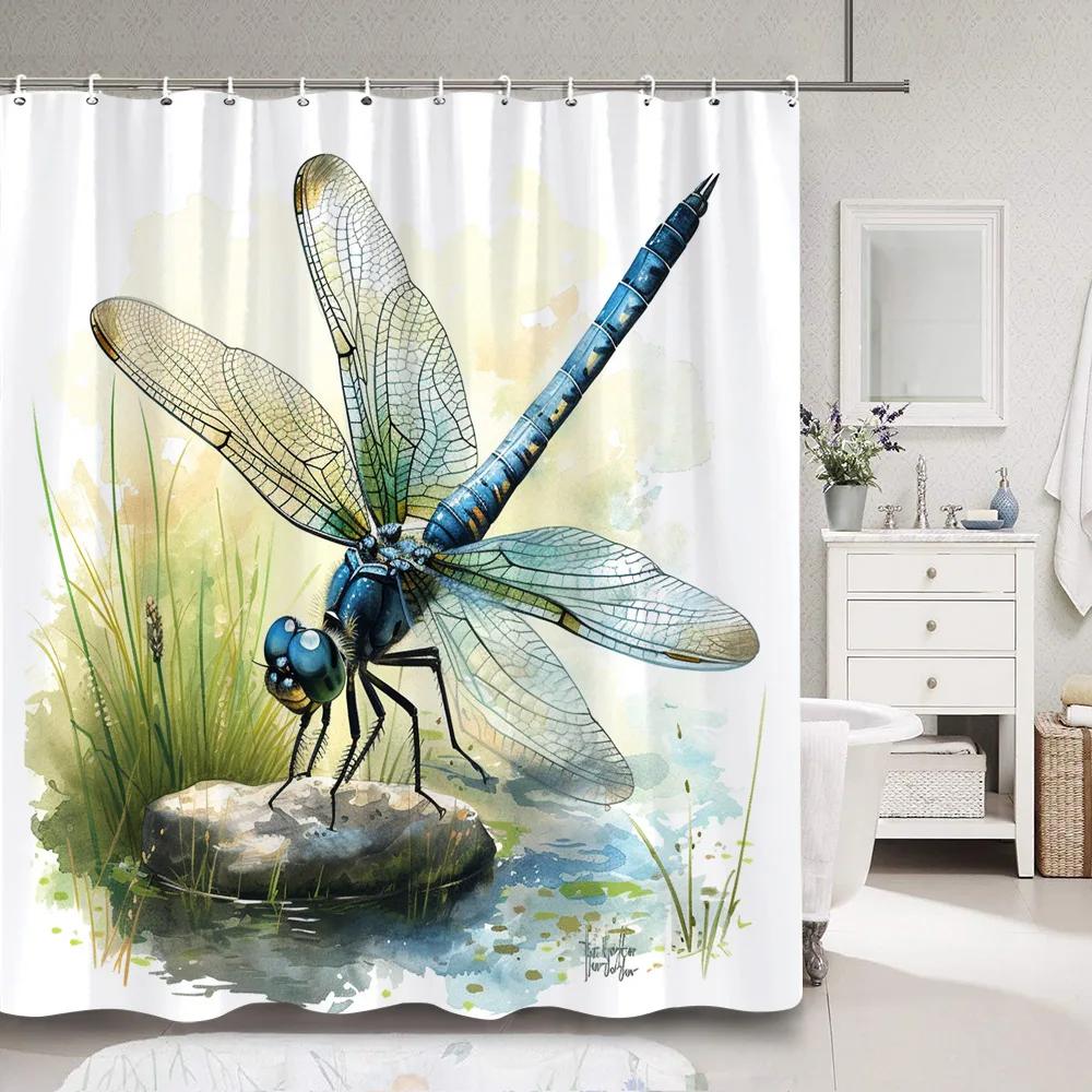 Dragonfly Watercolour Shower Curtain Dandelion Lavender Flower Polyester Fabric Home Art Bath Curtains Bathroom Decor with Hooks