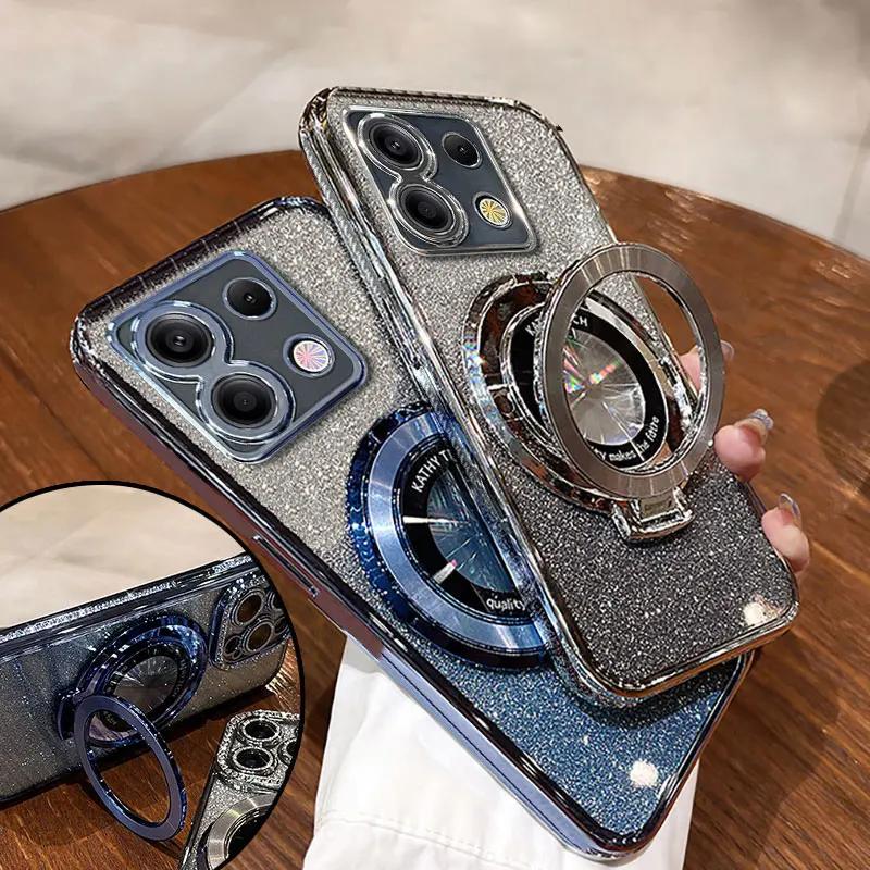 Luxury with Bracket Glitter Case For Xiaomi Redmi Note 13 Pro 12 12S 13C 11 11S 10S 9S Case For POCO X6 M6 M5S Case Holder Cover