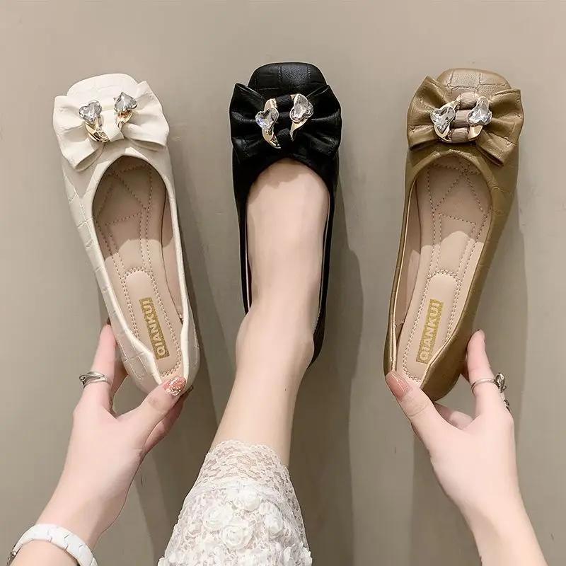 Fashion Women's Flat Shoes Square Toe With Crystals Leather Casual Khaki Diamond Spring Summer 2025 Elegant Dress 39 Y2k Ladies Footwear