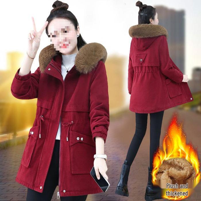 Women's Mid-Length Parka: Winter 2025 Edition - Loose Fit Lambswool & Velvet Padded Cotton Jacket