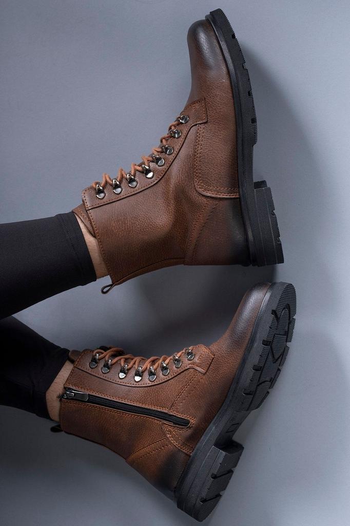 Men's Fashion Faux Leather Flat Heeled Bootie Brown Zipper Boots Shoes