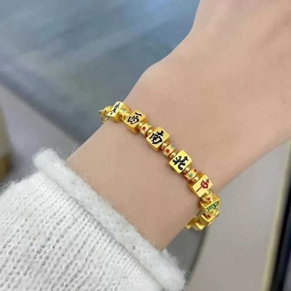 Chinese Character Golden Mahjong Bracelet Hand Jewelry Bohemian Style Bangle  Hipster