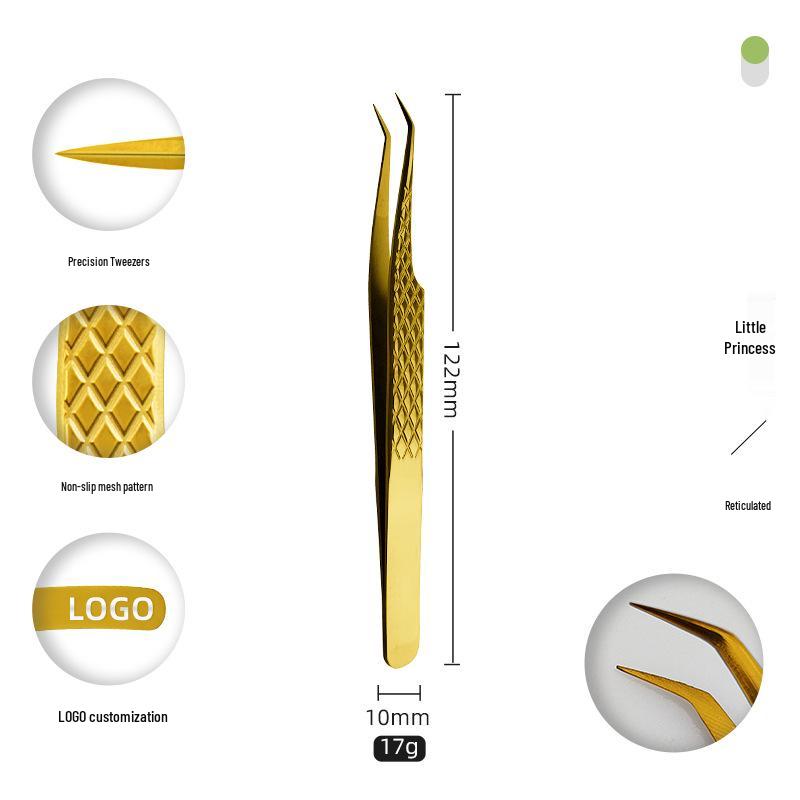 Golden Feather Stainless Steel Eyelash Tweezers for Grafting and Extensions