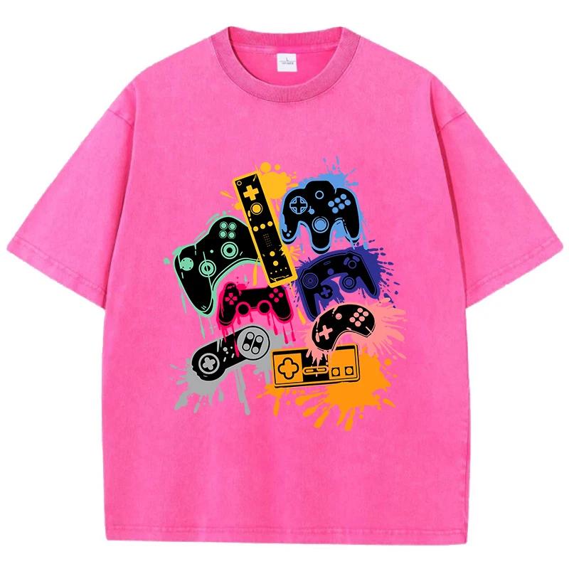 Game Console Graffiti Printing Washed TShirt Cotton T Shirts ONeck Comfortable Distressed Tops Summer Mans Clothes