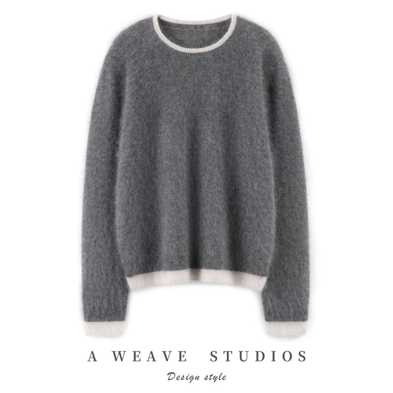 Women's 100% Cashmere Color Block Round Neck Pullover Sweater - Autumn/Winter Seven Gauge Single Ply Loose Fit