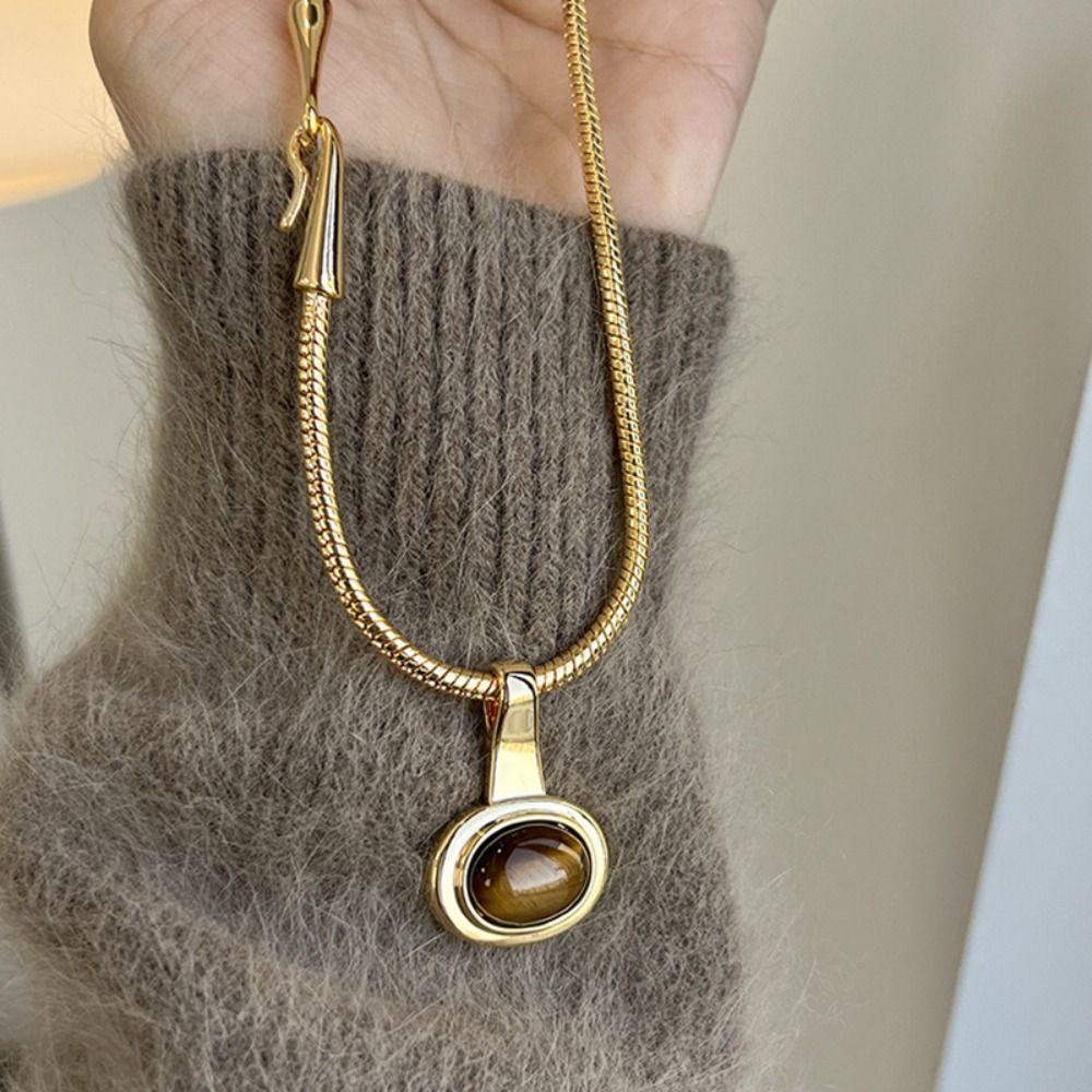 Tiger Eye Stone Pendant Necklace Titanium Steel Women Necklace Sweater Chain  Jewelry Accessories