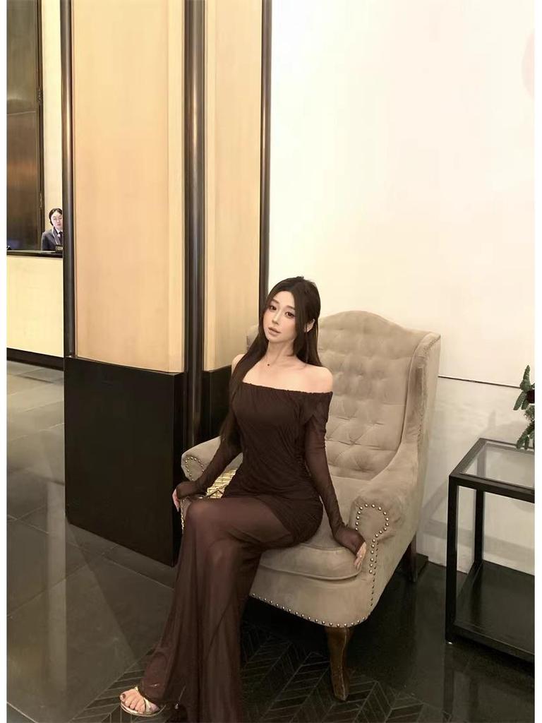 Women's Off-Shoulder Mesh Patchwork Pleated Dress - Slim Fit Waist-Cinching Long Skirt, Sexy Spring Style