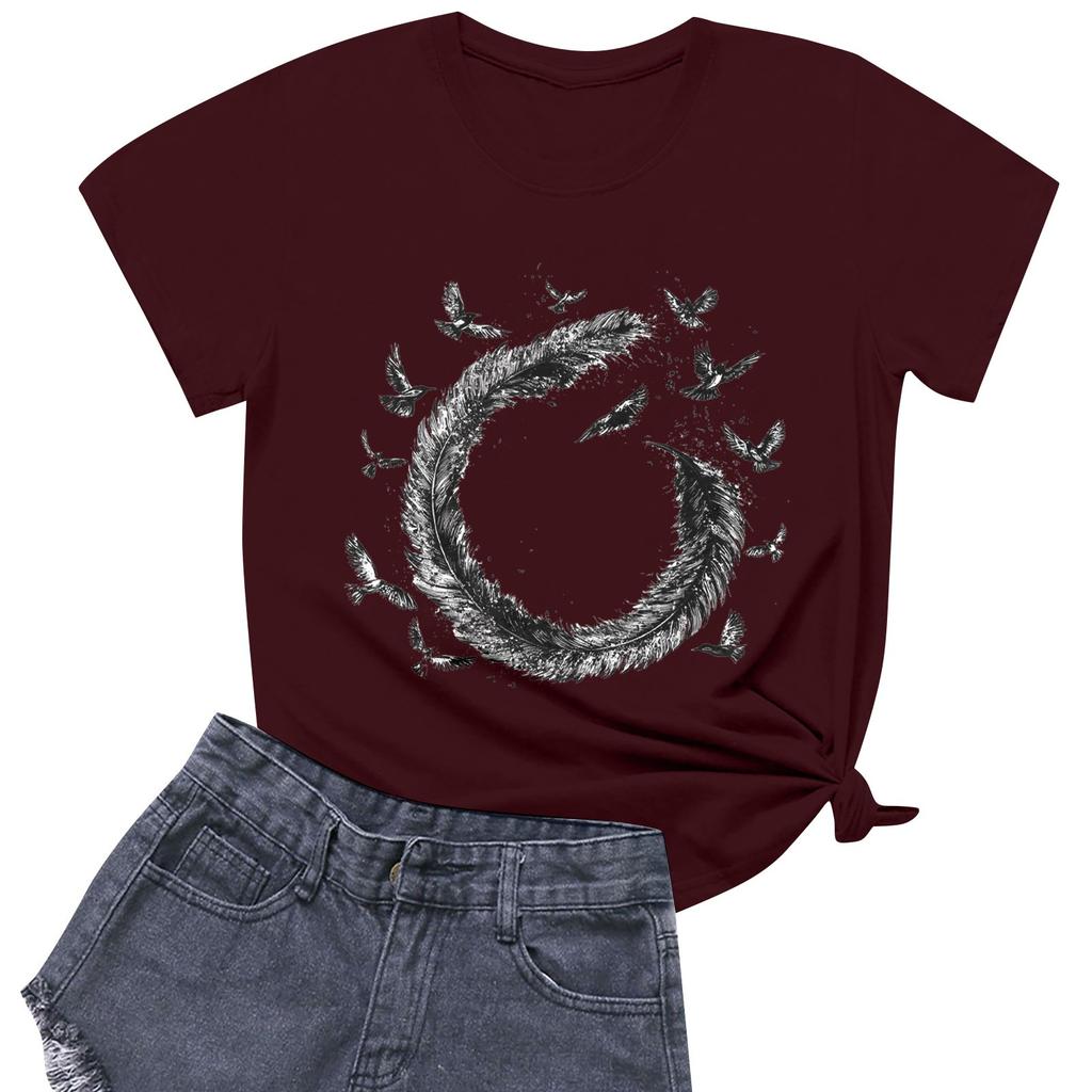 Women's Fashion Casual Printed Short Sleeve Round Neck Pullover Tops