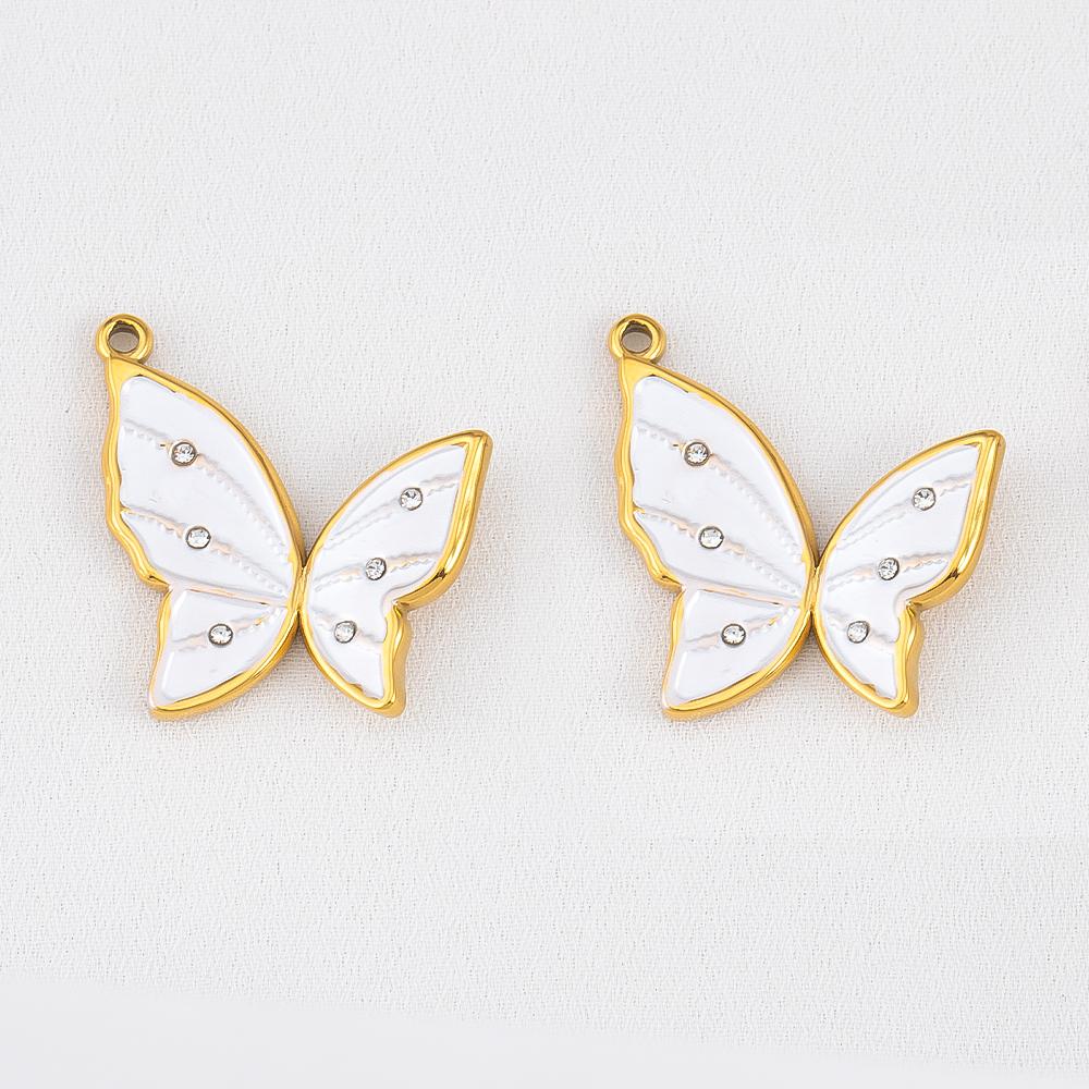 2pcs Stainless Steel Enamel Butterfly Pendants Crystal Bead Imitation Pearl Shell Heart Charm DIY Trendy Necklace Jewelry Making
