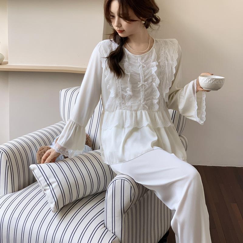 Ice silk pajamas women's spring and summer new lace long-sleeved trousers silk suit thin can be worn outside the Korean version of the court style