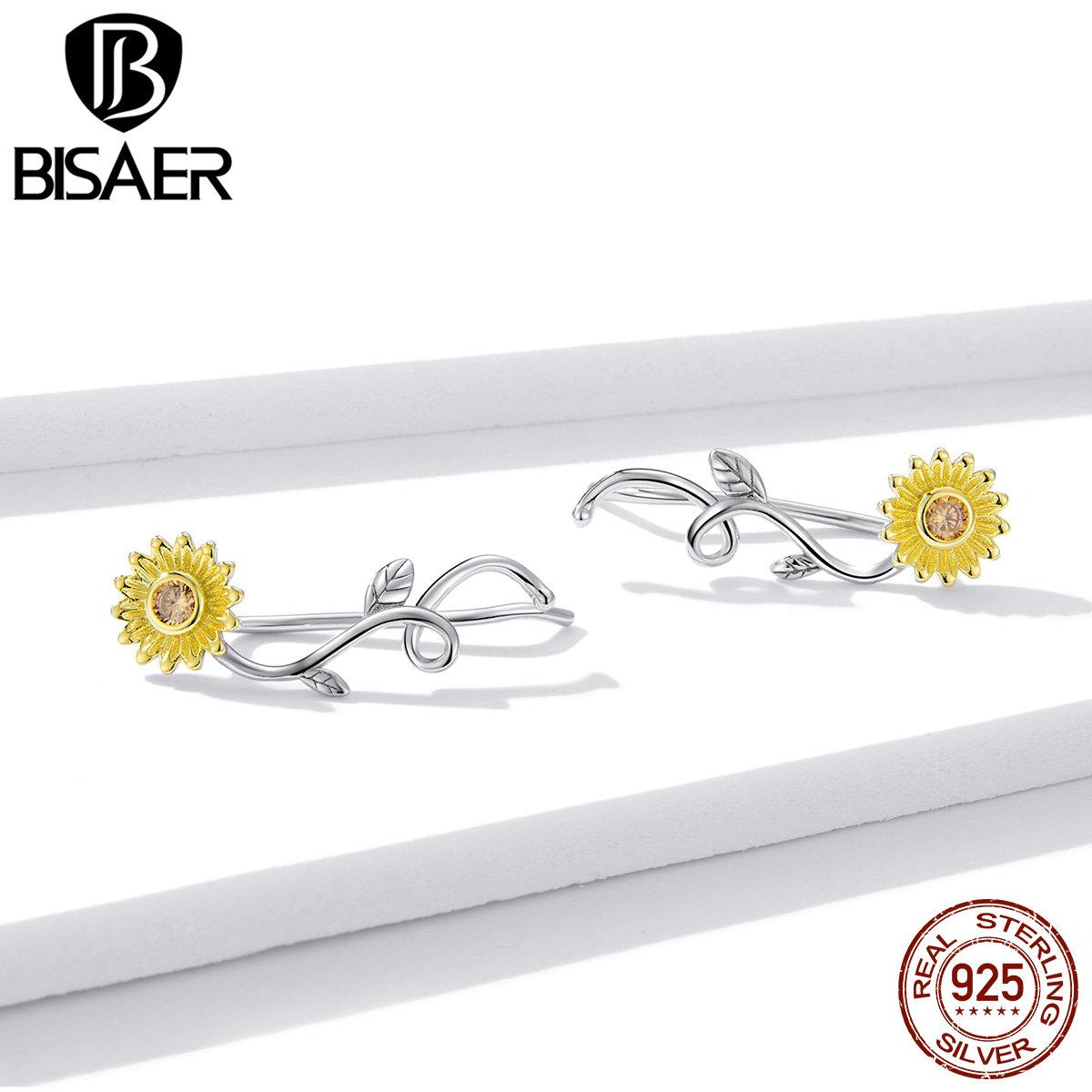

Длинные серьги-гвоздики BISAER, стерлинговое серебро 925 пробы, золотой цвет, ветка подсолнечника, ювелирное изделие, подарок 925 silver