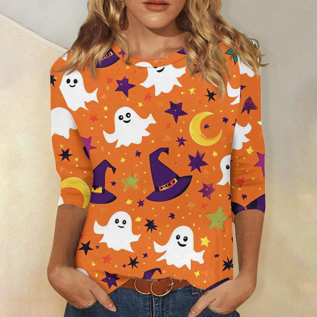 Women's Fashion Casual Three-quarter Sleeve Halloween Printed Round Neck Top