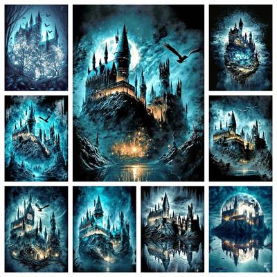 Hrad DIY Harry Potter Kulatá sada na malování diamantem Kouzelná škola Křížová výšivka Hrad Měsíc Orel Diamantová mozaika Dekorace