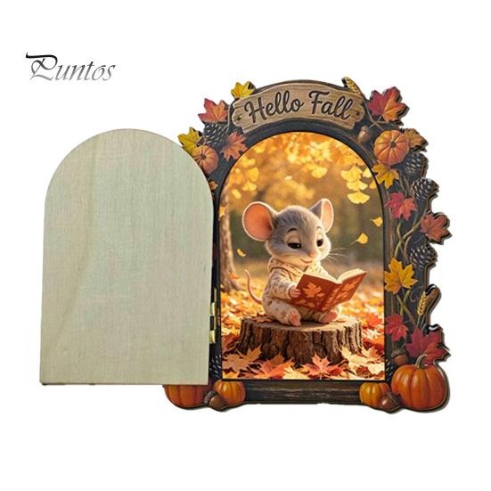 Decorative Baseboard Elf Door Wooden Halloween Decor, 2D Fairy Mouse Miniature Wall Autumn Theme Tale Ornaments Hanging, Rustic Shelf Ornament
