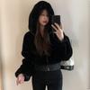 Chaqueta de Invierno Cálida para Mujer, Corta, de Algodón Acolchado, con Capucha de Pelo Sintético de Conejo, Suave